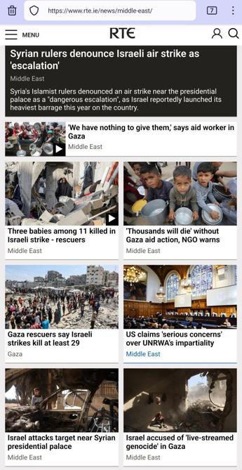 Screenshot van https://www.rte.ie/news/middle-east/ met veel artikelen over het Midden-Oosten - allen recentelijk (niet alles vandaag) gepubliceerd.