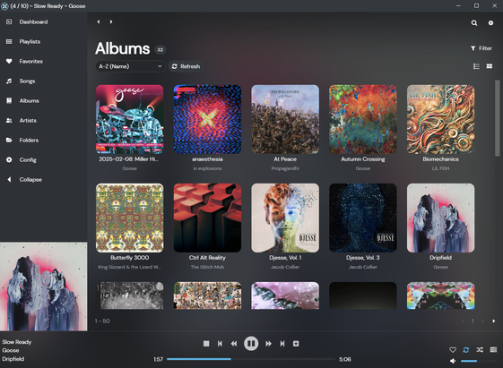 Screenshot of the Sonixd UI showing my album collection. Albums include a few by Goose, anaessthesia by In Explosions, At Peace by Propagandhi, Biomechanics by Lil Fish, Butterfly 3000 by KGLW, Ctrl+Alt+Reality by the Glitch Mob, and Djesse Vol 1 & 3 from Jacob Collier. Currently playing: Slow Ready by Goose.