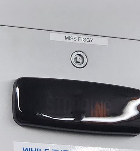 Label printed as "Miss Piggy" placed above the "STOPPING" light.