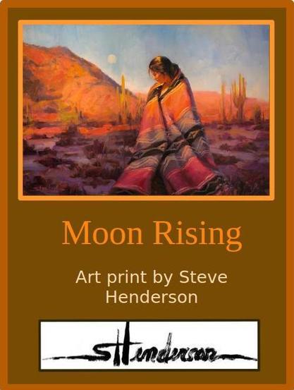 Art print of an original oil painting depicting a woman at sunset in the desert, wrapped in a blanket.