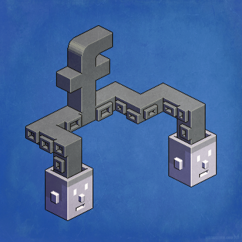 Isometric pixel illustration, showing the Facebook logo "f" with tentacles reaching into the heads of two persons.