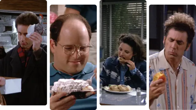 Jerry, George, Elaine, and Kramer eating food.
