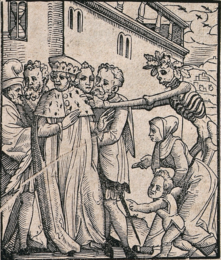 etching: a skeleton grabbing the coat of a duke