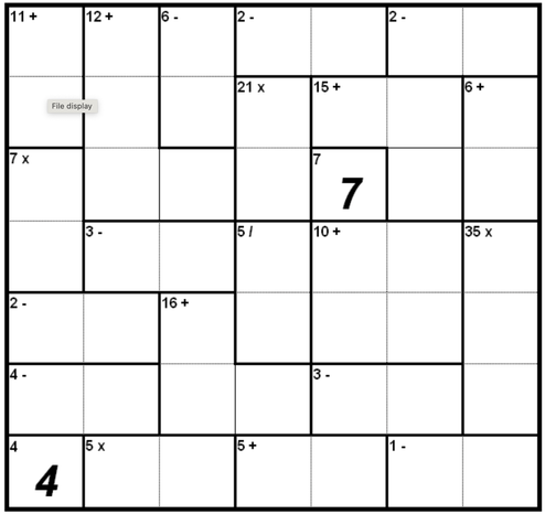 une grille de 7x7 cases de Mathdoku extraite d'un exemplaire de KDK Training paru en 2015
