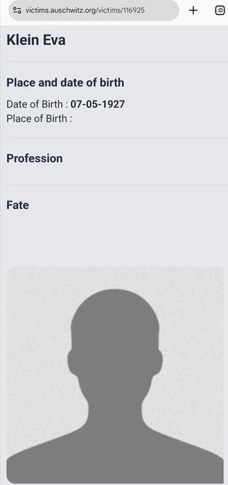 Screenshot from https://victims.auschwitz.org/victims/116925

Klein Eva

Date of Birth : 07-05-1927
Place of Birth :
Profession
Fate

[Photo: drawn silhouette of a man]