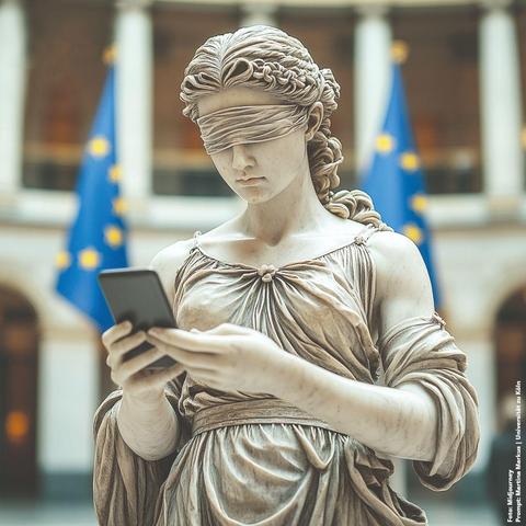 Statue of a classical figure in a draped gown holding a smartphone, with EU flags in the background.