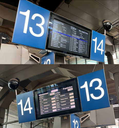 Two photos of platform displays at Southern Cross station, using different typefaces.