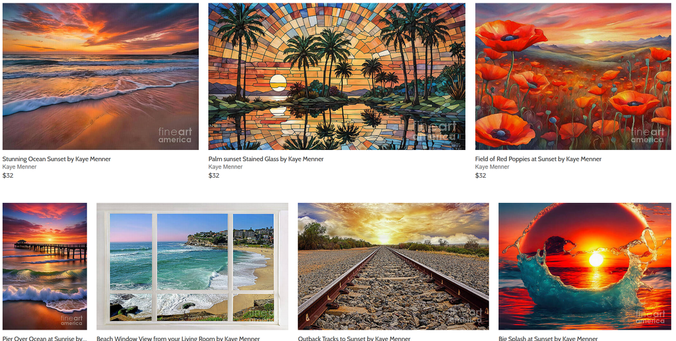 Colorful and pretty sunrise and sunset images (photography and digital art) of beaches, palms, water, waves, flowers and much more, By Kaye Menner
Available to view or purchase lovely prints or many lovely products here:  https://kaye-menner.pixels.com/collections/sunsets+and+sunrise+images