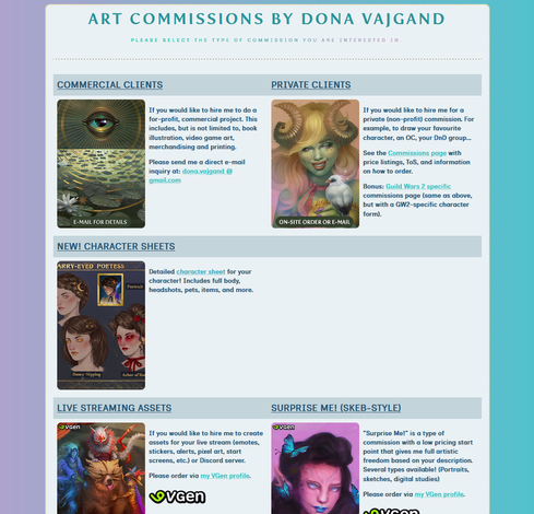 Screenshot of the commissions landing page, showcasing multiple options.
