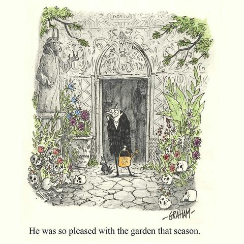 A cartoon illustration of a happy vampire looking at his flourishing garden. Caption reads "He was so pleased with the garden that season."