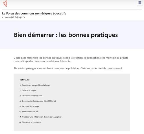 Capture d'écran de la page sur le site docs de la forge des communs numériques éducatifs : "bien démarrer : les bonnes pratiques"