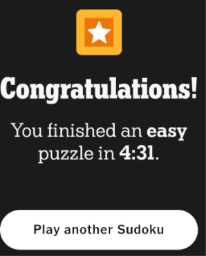 Screenshot of a Sudoku app displaying the message "Congratulations! You finished an easy puzzle in 4:31," with a button to play another Sudoku. An orange square containing a white star is located in the upper-right area of the screen.