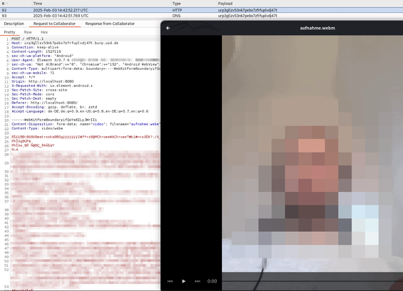 A screenshot of Burp Suite in the background and a pixelated video of the simulated victim.
