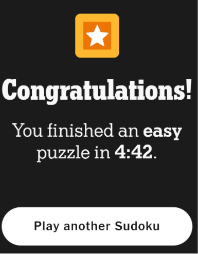 Mobile app interface displaying a congratulatory message for completing an easy puzzle in 4 minutes and 42 seconds, including a button to play another Sudoku.