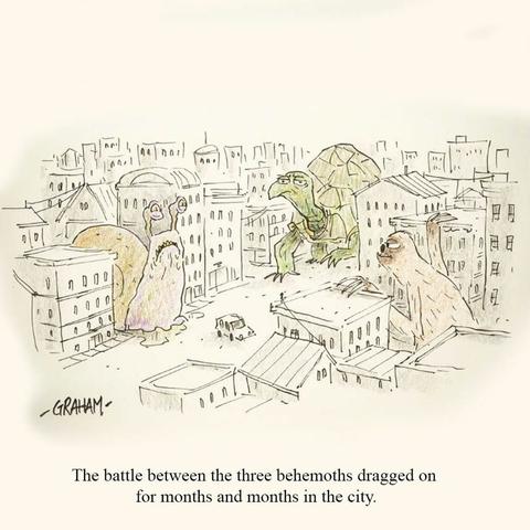 A cartoon illustration of three monsters (a giant snail, a giant tortoise, and a giant sloth) all slowly moving towards each at a city intersection. Caption reads "The battle between the three behemoths dragged on for months and months in the city."