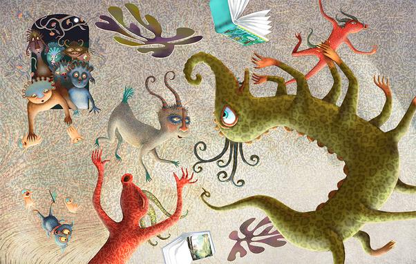 Against a light-filled, textured background, multiple monsters of all shapes and sizes gleefully leap into an open space and fly, float and... fall. :-)