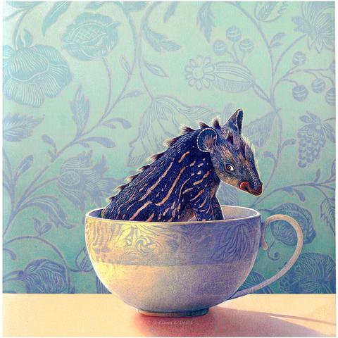 Against at wallpapered background of pale green, blue and pink flowers, sits a china teacup. Its occupant is a small blue, tapir-like creature glancing nervously at the viewer. Sunlight casts a gentle purple shadow on the bright golden tabletop. NOTE: This description created especially for my lovely blind friend, Georgiana. :-)