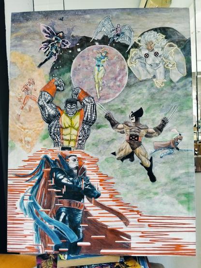 a painting of mr. sinister being attacked by the x-men, from a low perspective, they are coming down from above, his lab on a hilltop above them, green smoke drifting through, mr. sinister has his arms folded and is putting up a shield or teleporting