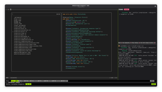 A GNOME Terminal window showing a terminal multiplexer. There is a big pane on the left containing a text editor. On the right, there is a horizontal split between a watching linter and my running coding project (a webserver).