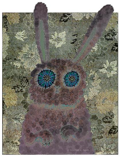 Textured colors of spotted, mottled purple, gold and green. An ink drawing of a rabbit-like creature stares with distress and wonder outward. It has a  small nose and mouth.  Its clawed arms hang protectively in front of it. NOTE: This description created especially for my lovely blind friend, Georgiana. :-)