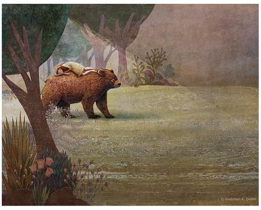 Early in the morning, at the edge of a forest of brown and purple, greens and gold, a smiling bear pads quietly across the grass. Caught in a sunbeam, a young girl in a flowered yellow dress is sleeping upon his back, her arms folded under her head. Plants, like ferns and budding flowers, line each side of the glade. NOTE: This description is created especially for my lovely blind friend, Georgiana. :-)