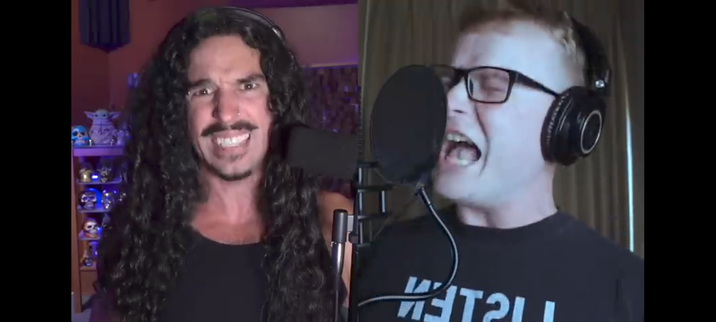 The image shows two individuals in separate frames, both engaged in singing or speaking into microphones. The person on the left has long, curly black hair and is wearing a black tank top. They are in a room with shelves in the background, displaying various figurines and collectibles, illuminated by blue lighting. The person on the right has short, light-colored hair, wears glasses, and a black t-shirt with the word "LISTEN" printed in white. They are in a room with a curtain in the background, wearing large black headphones. Both individuals are positioned in front of microphones with pop filters, suggesting they are recording audio.

 Ovis2-8B

🌱 Energy used: 0.149 Wh