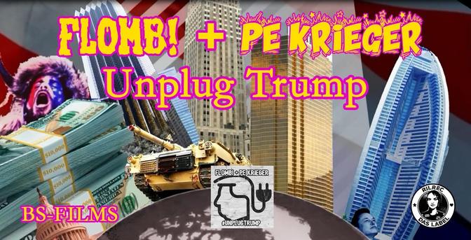 Bunter Scrennshot von goldenen Hochhäusern , Trumptower, goldenem Panzer, Geldbündeln ( Dollars) , Musk auf einer Weltkugel.