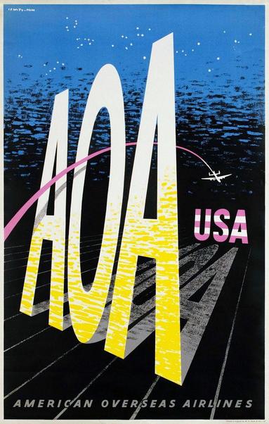 The letters AOA stand tall with a smaller letters USA in the back. A line is drawn in an arch that goes through the O and its ends with a plane landing at the letters USA.