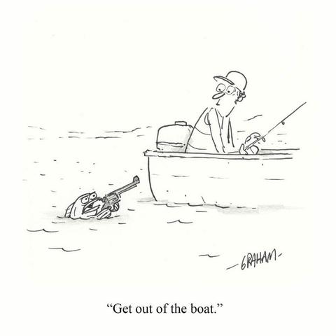 A cartoon illustration of a fish holding a gun on a fisherman in a boat. Caption reads "Get out of the boat."