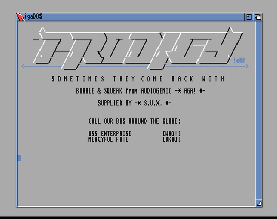 Screenshot of "Bubble and Squeak" - Crack: Prodigy (PDY) - Published by Audiogenic on Commodore Amiga (1994)
