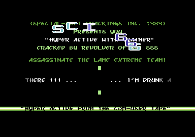 Screenshot of "Hyper Active" - Crack: SCI 666 - Published by Ocean-Special FX on Commodore 64 (1988)