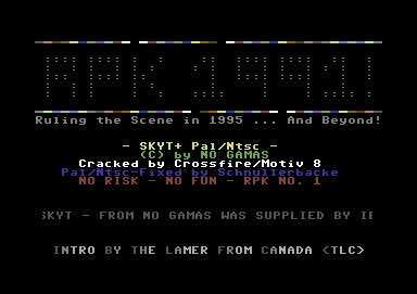 Screenshot of "Skyt" - Crack: RPK - Published by Nogamas Software on Commodore 64 (1995)
