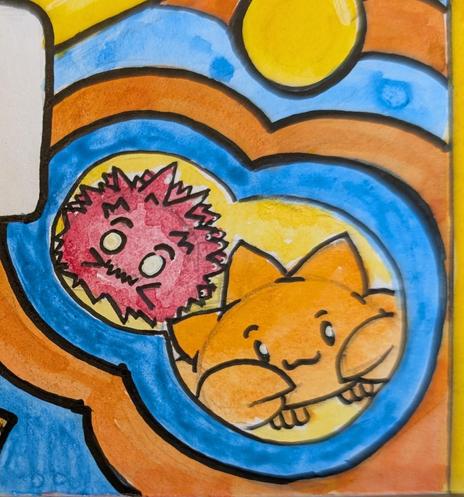 Watercolor drawing of the two unofficial Rust mascots. On the right, a stylised orange rounded crab known as Ferris. On the left, a red stylised spiky crab called Corro. They are surrounded by a rounded multicoloured frame.
