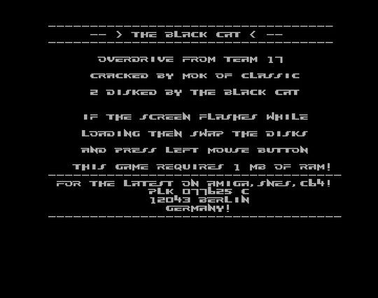 Screenshot of "Overdrive" - Intro Hack: Black Cat - Published by Team 17 on Commodore Amiga (1993)