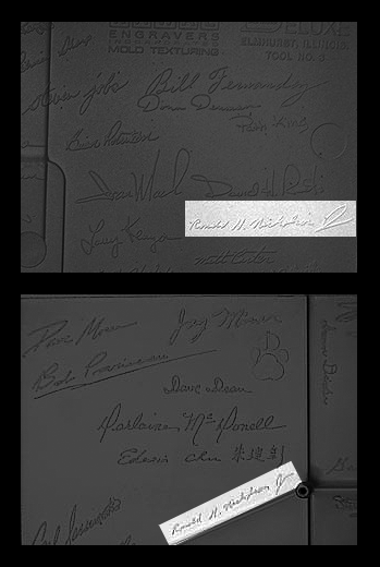 Molded signatures in the case of both the Amiga 1000 and early Macintosh computer, showing the same person in both sets of signatures