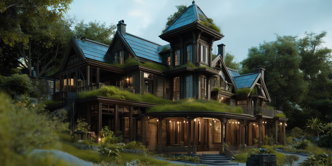 A solarpunk home blending Victorian and Craftsman architectural elements, constructed with visible green technology materials such as solar panels, green roofs, and sustainable wood.