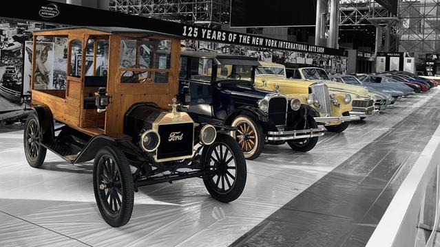 Display of 125 years of automobiles at the New York Auto Show