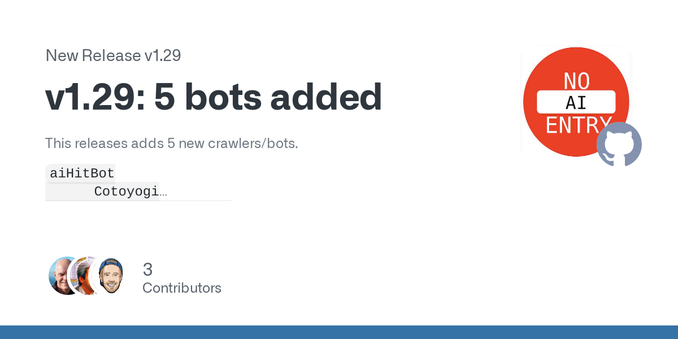 This releases adds 5 new crawlers/bots.
aiHitBot
Cotoyogi
Factset_spyderbot
FirecrawlAgent
TikTokSpider

What's Changed

Clarify our position on sponsorship by @glyn in #107
AI bots to consider add...