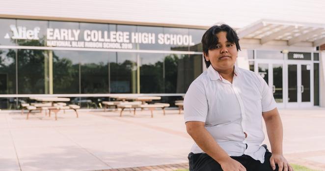Marshall Romero, 16, poses for a portrait outside of Alief Early College High School in Houston on Friday, April 25, 2025.