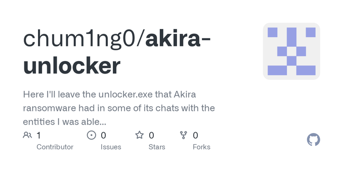 Here I&#39;ll leave the unlocker.exe that Akira ransomware had in some of its chats with the entities I was able to analyze.  You can analyze it without any problems. Best regards, your friend chum...