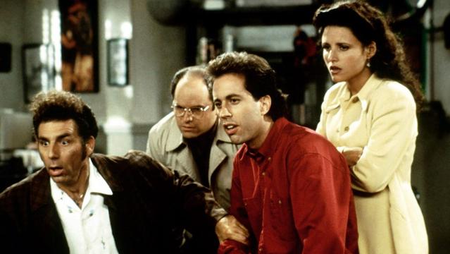 SEINFELD, from left, Michael Richards, Jason Alexander, Jerry Seinfeld, Julia Louis-Dreyfus, 1990-98, ©NBC/courtesy Everett Collection