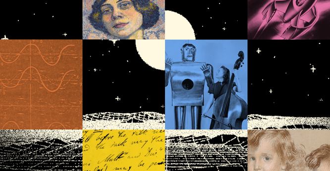 A checkered pattern reveals a pointillism-style gridded surface lit up by the moon and stars behind a collection of painterly portraits, calculations, and hand-written notes.