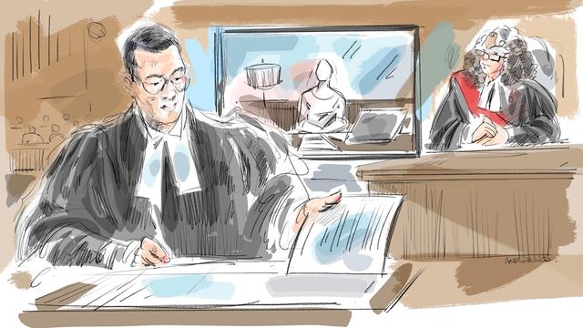 Un croquis de l'avocat de Daniel Brown et de la juge dans la salle d'audience