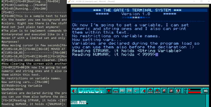 The screenshot shows how I implemented variables in my terminal simulator for my game called "The Gate", there is also on the left the source program with the exposed tags & commands I used.