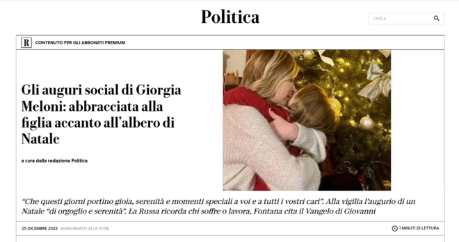 Politica a [R] conmenuro per vt Assonam premium ) Ko R S ¥/ b oy Y -9 . . . . e . = s Gli auguri social di Giorgia 7 B &8 . . g N \; Meloni: abbracciata alla & 9 . 7 figlia accanto all’albero di ‘ i L Natale b Q acura della redazione Poitica Sedidy % X LA “Che questi giorni portino gioia, serenita e momenti speciali a voi e a tutti i vostri cari”. Alla vigilia I'augurio di un Natale “di orgoglio e serenita”. La Russa ricorda chi soffre o lavora, Fontana cita il Vangelo di Giovanni 