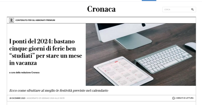Cronaca a I ponti del 2024: bastano - ! D » cinque giorni di ferie ben N “ o e - “ ‘» studiati” per stare un mese o “‘t‘%‘g o . — N, 3 S in vacanza T %33%%‘.. a cura della redazione Cronaca e N\ AL Ecco come sfruttare al meglio le festivita previste nel calendario 