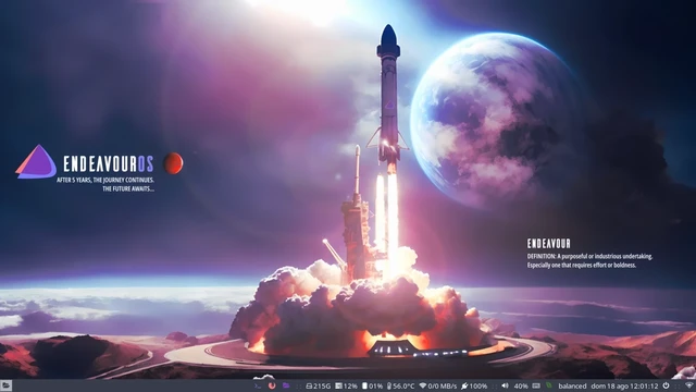 La schermata principale di EndeavourOS con una navicela in partenza da una base spaziale e l'universo sullo sfondo. In basso la barra di i3.