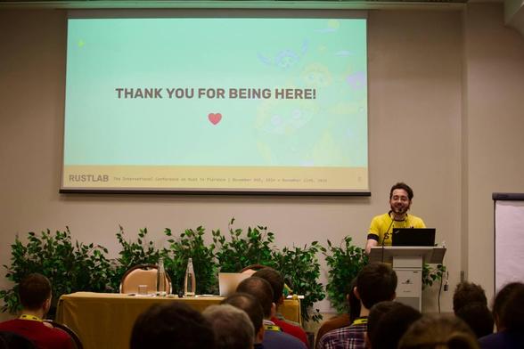 Conference presentation. Slide: "Thank you for being here!"