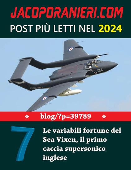 Banner parte di una infografica che conterrà i 10 post più letti dell'anno sul blog jacoporanieri.com. Post numero 7 - L'immagine di riferimento raffigura l'aereo britannico Sea Vixen in volo.