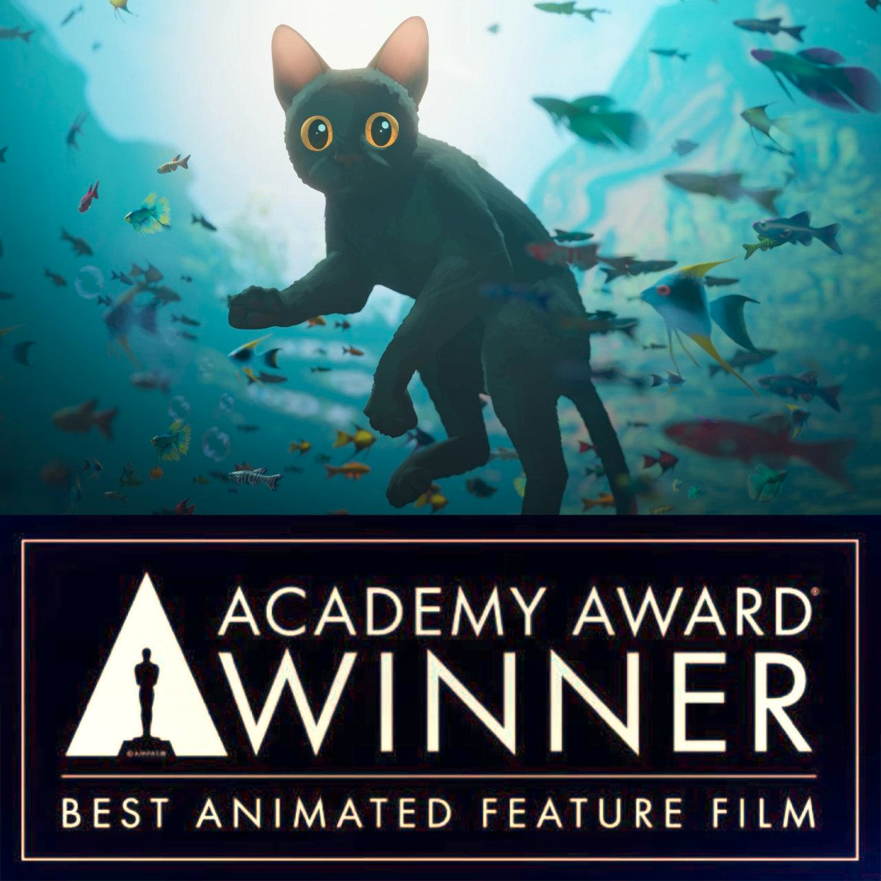 Un'immagine mostra un gatto nero stilizzato con grandi occhi gialli in un ambiente sottomarino pieno di pesci colorati. Sotto, un'insegna proclama "Academy Award Winner - Best Animated Feature Film".